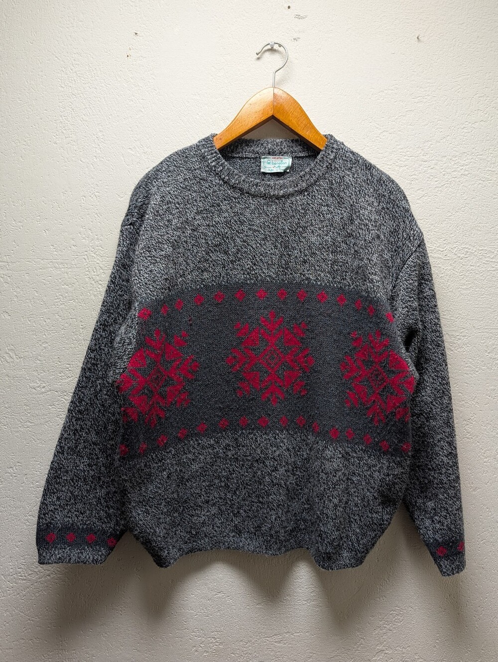 Vtg Benetton Italy Wool Blend Snowflake Sweater Men L Grey Red Nordic Fair Isle